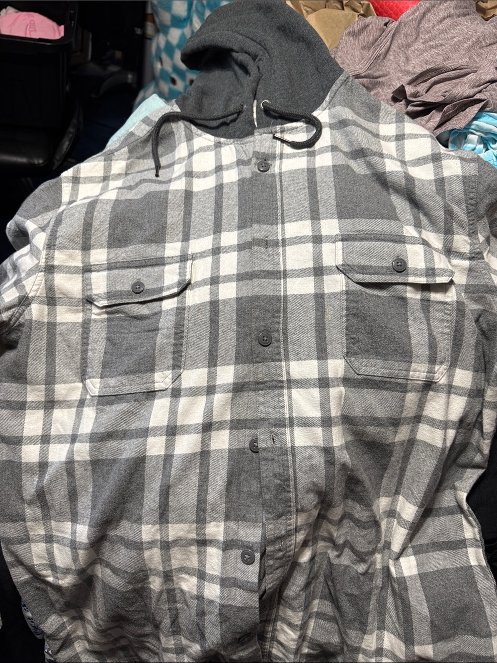 Aeropostale Gray and White Plaid Hooded Shirt Jacket